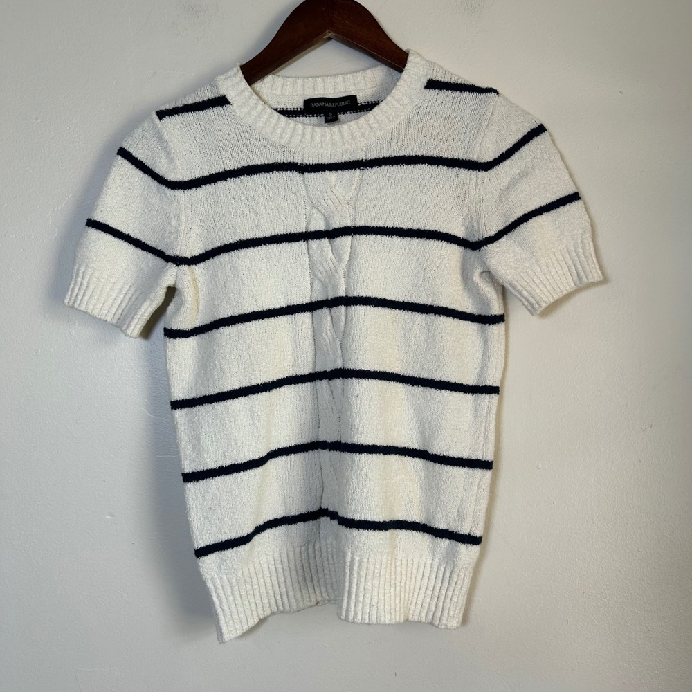 Banana Republic Sweater Short Sleeve Size S White Navy Blue Striped Cable